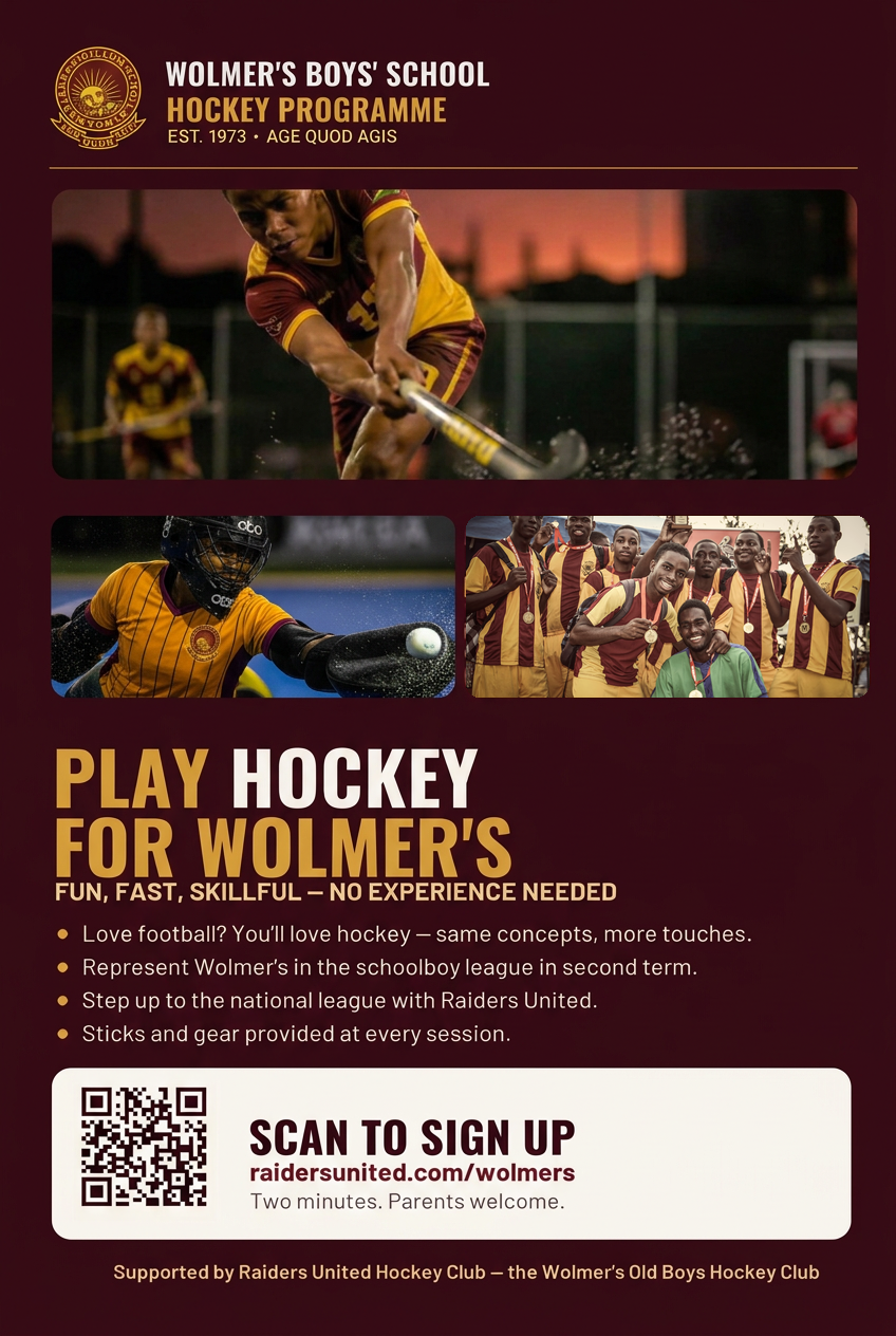 Wolmer's hockey flyer — Play hockey for Wolmer's, with a QR code that links to the sign-up page